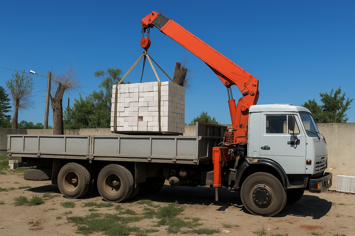 Разгрузка белого силикатного кирпича стропами, ул. Одесская (Харьков)